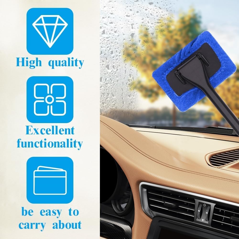 Car Windshield Cleaning Tool – 2 Reusable Microfiber Pads & 1 Flexible Handle