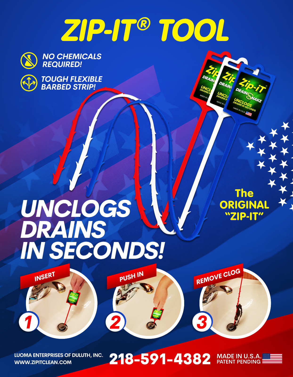 ZIP IT DRAIN CLEANER, 3-Pack Plastic Drain Stick Hair Clog Remover, drain snake