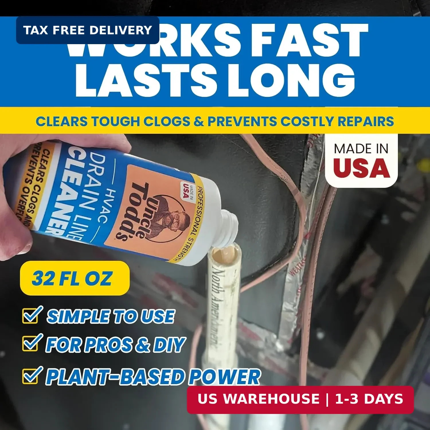 Uncle Todd’s HVAC Drain Line Cleaner – 16 Months Supply Bleach-Free, Fast-Acting