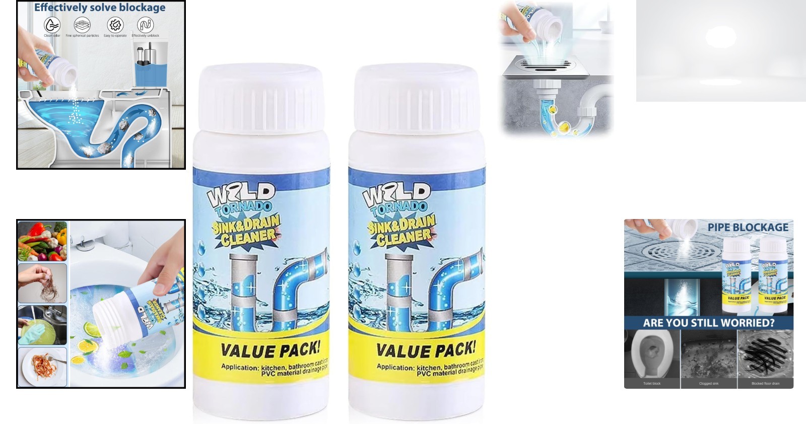 Sink and Drain Cleaner Powder 2 Pack Dissolves Hair Grease Food Clogs Odor Free