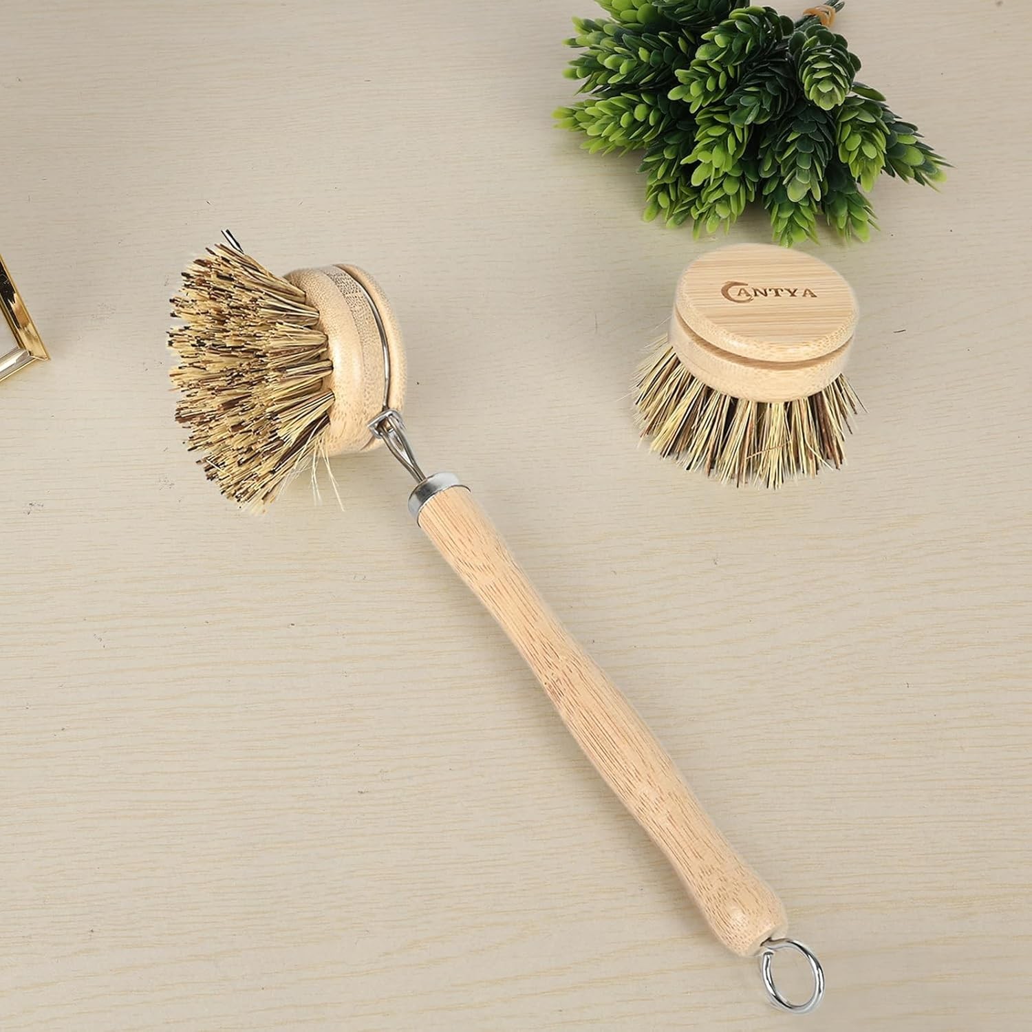Bamboo Dish Scrubber with Handle – Hard Bristle, Natural Kitchen Brush