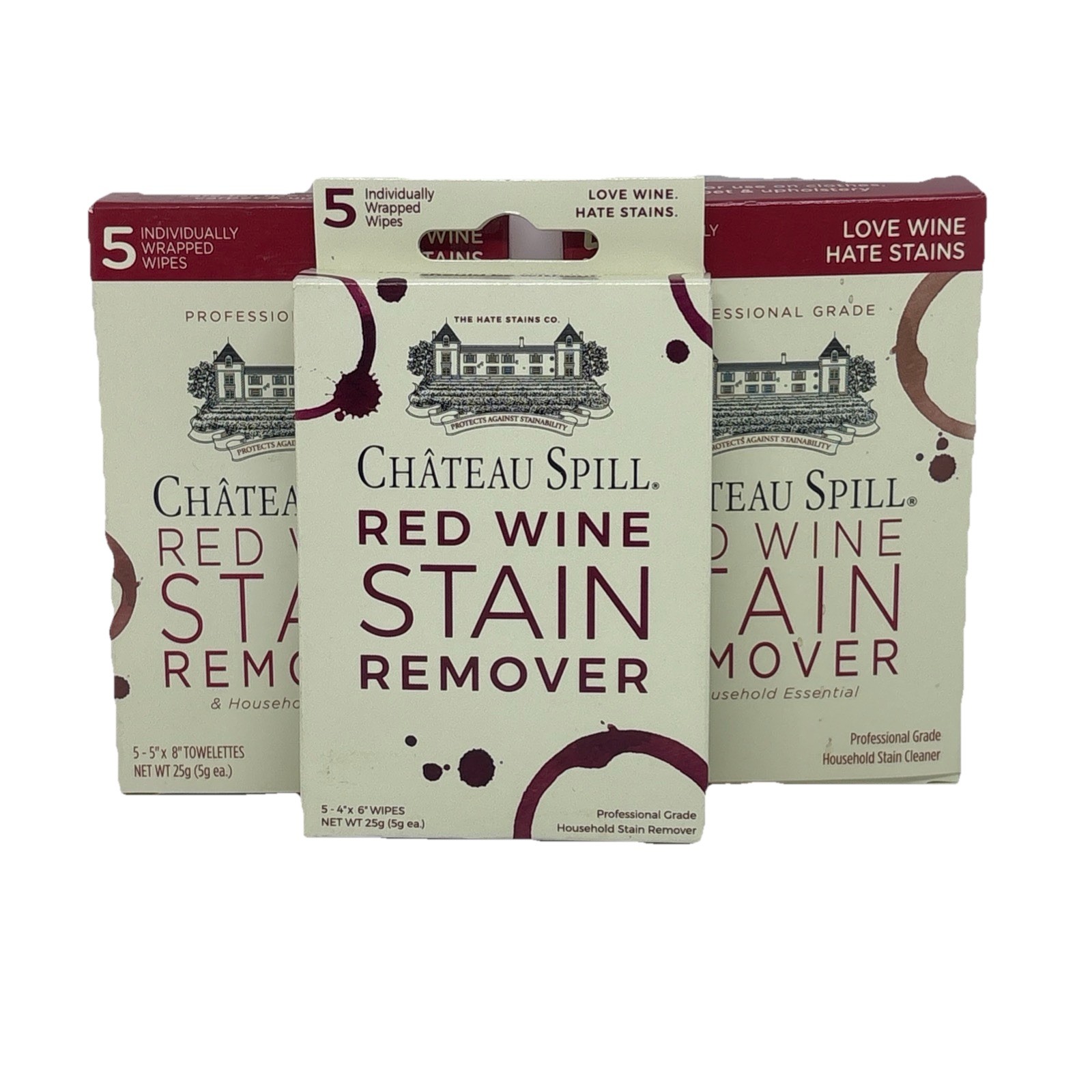 (3) Chateau Spill Red Wine Stain Remover Wipes Towelettes, 5 Wipes Per