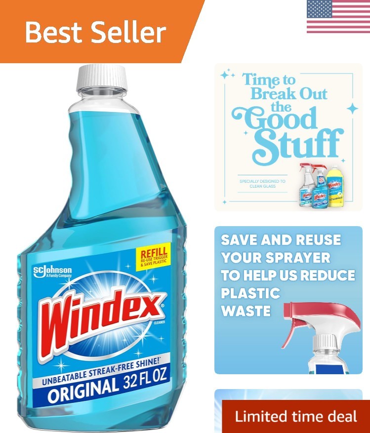 Windex Blue Glass Cleaner – 32 Fl Oz, Made from 100% Recycled Plastic