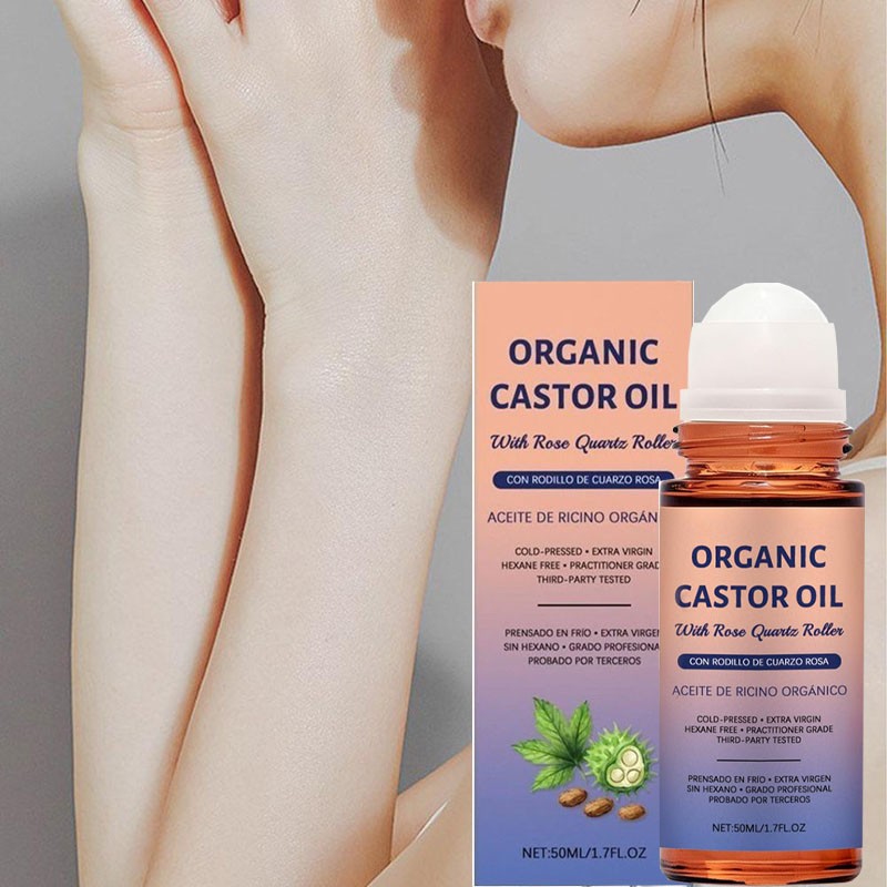 Organic Castor Oil with Rose Quartz Roller, 100% Pure Cold-Pressed