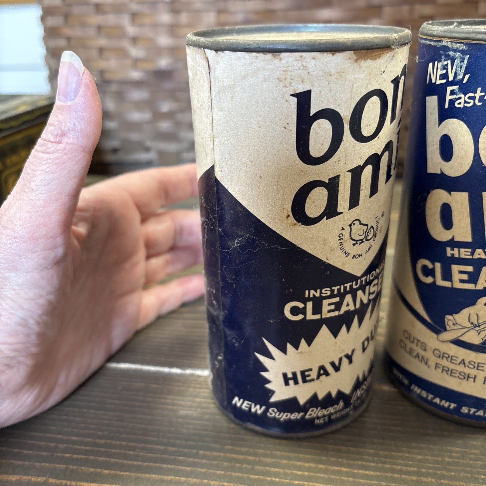 2- 1950s Bon Ami Cleanser Cans Institutional Cleanser Blue Advert Vintage FULL