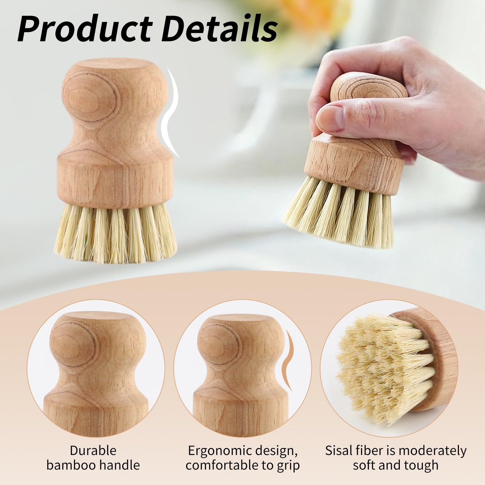 6 Packs Bamboo Dish Scrub Brushes，Kitchen Wooden Dish Scrubber Brush Dishwash…