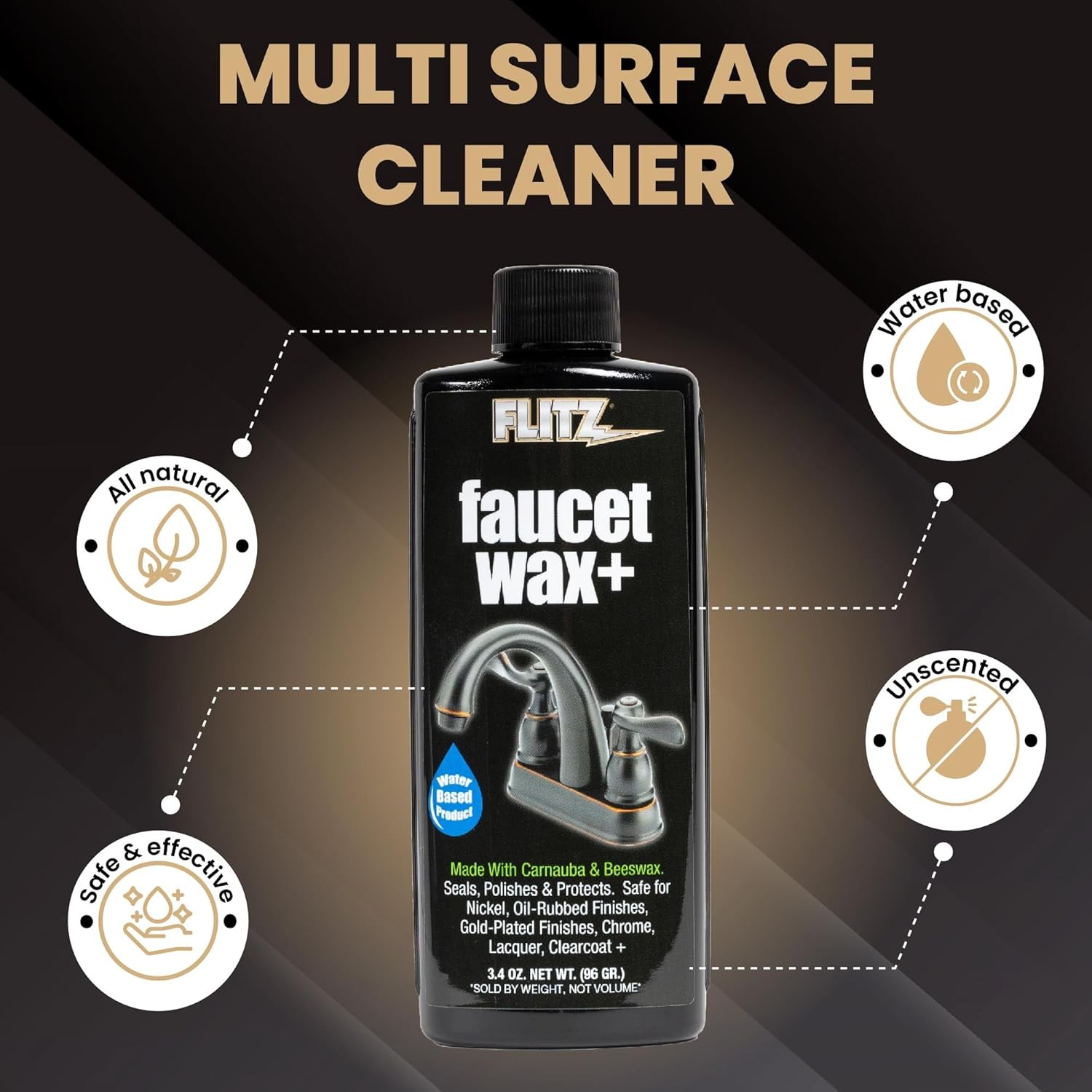 Faucet Wax Plus – 3.4oz Bottle of Water-Based Faucet Cleaner & Polisher for Wate