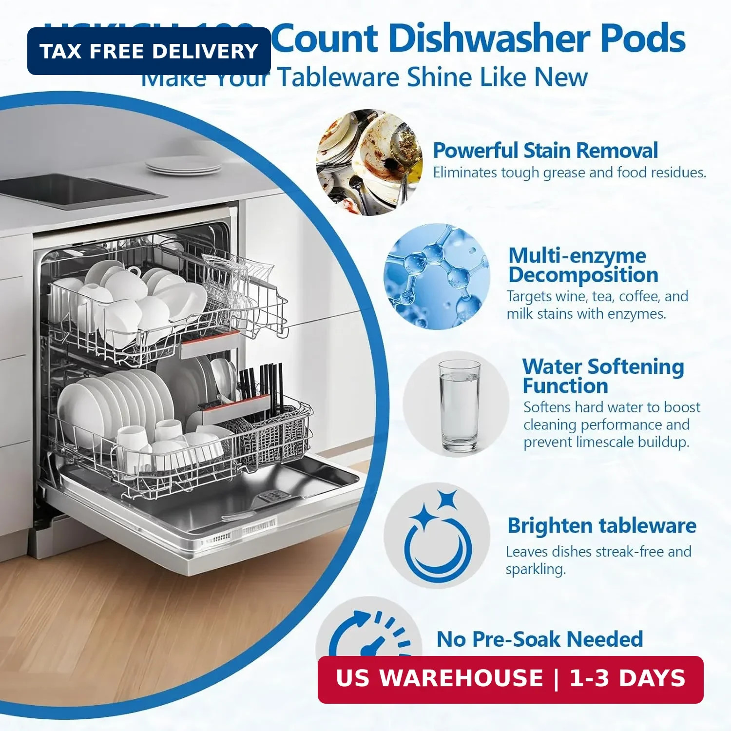 100 Count Dishwasher Pods, No Pre-Rinse Required, Dishwasher Detergent Soap Effe