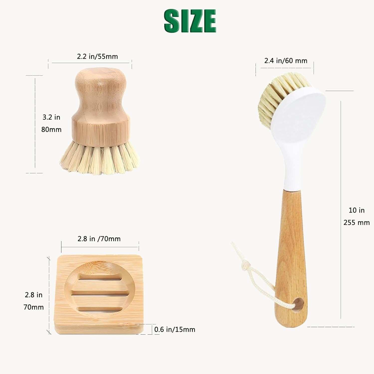Natural Bristle Dish Brush Set, 1 Wooden Dish Brush and 1 Bamboo Dish Brush with