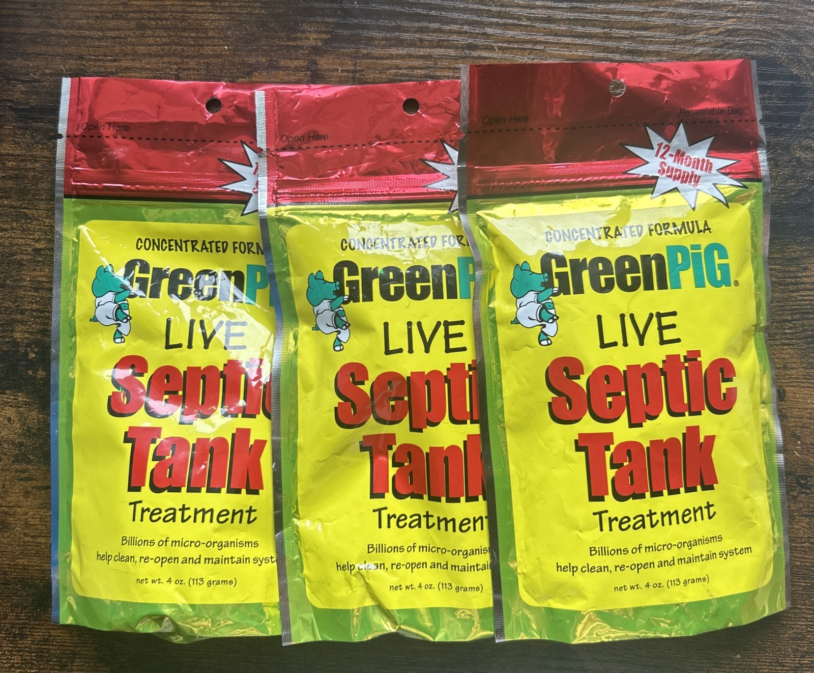 GREEN PIG Live Septic Tank Treatment Packets, 3 Year Supply ~ 4 oz ~ X3