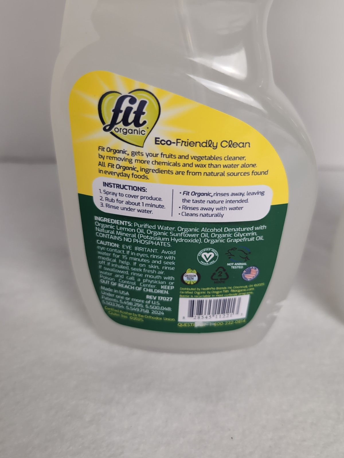 2x FIT Organic Fruit and Vegetable Wash Spray Bottle , Clear, 16 Fl Oz