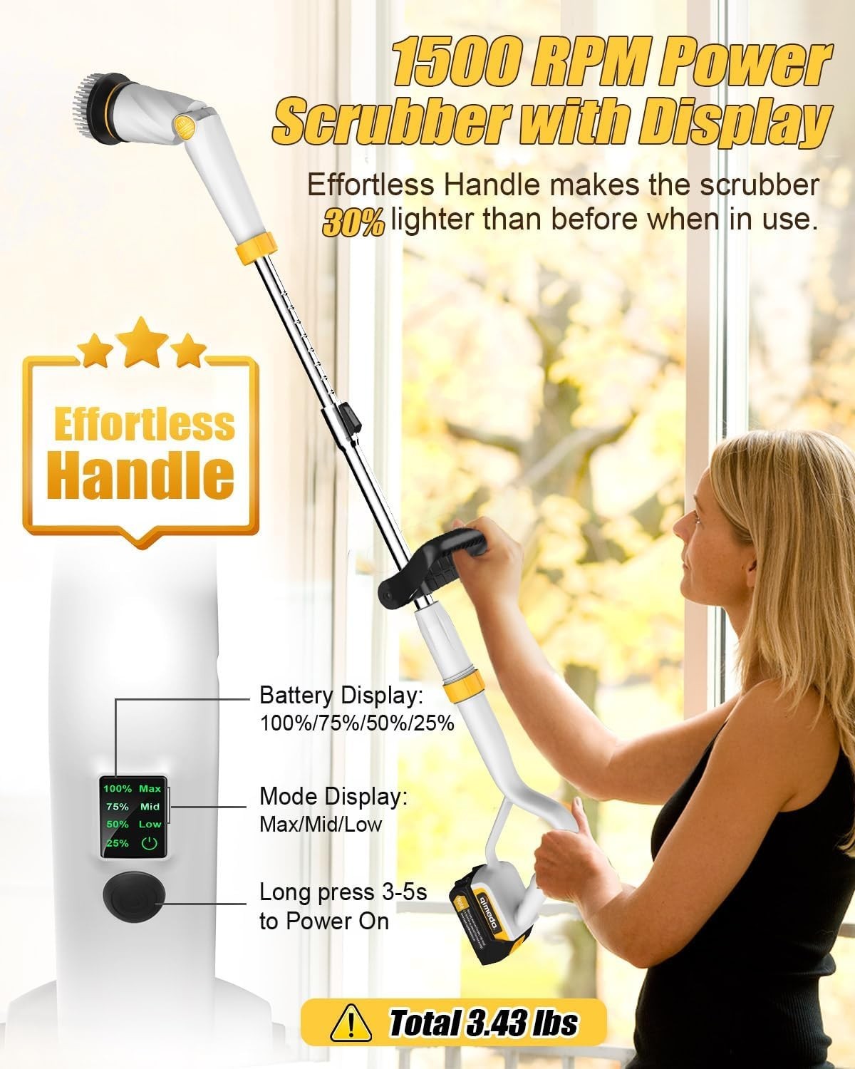 Electric Spin Scrubber with Two Batteries Q2 Pro,1500 RPM High Power Electric Sc