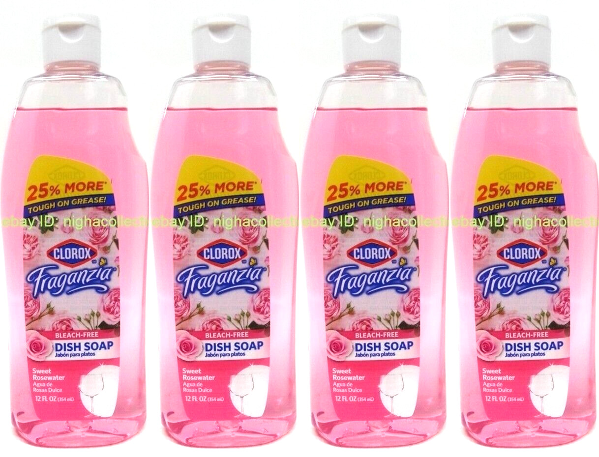 ( 4 Bottles )Clorox Fraganzia SWEET ROSEWATER Dish Soap Bleach Free 12 oz Each