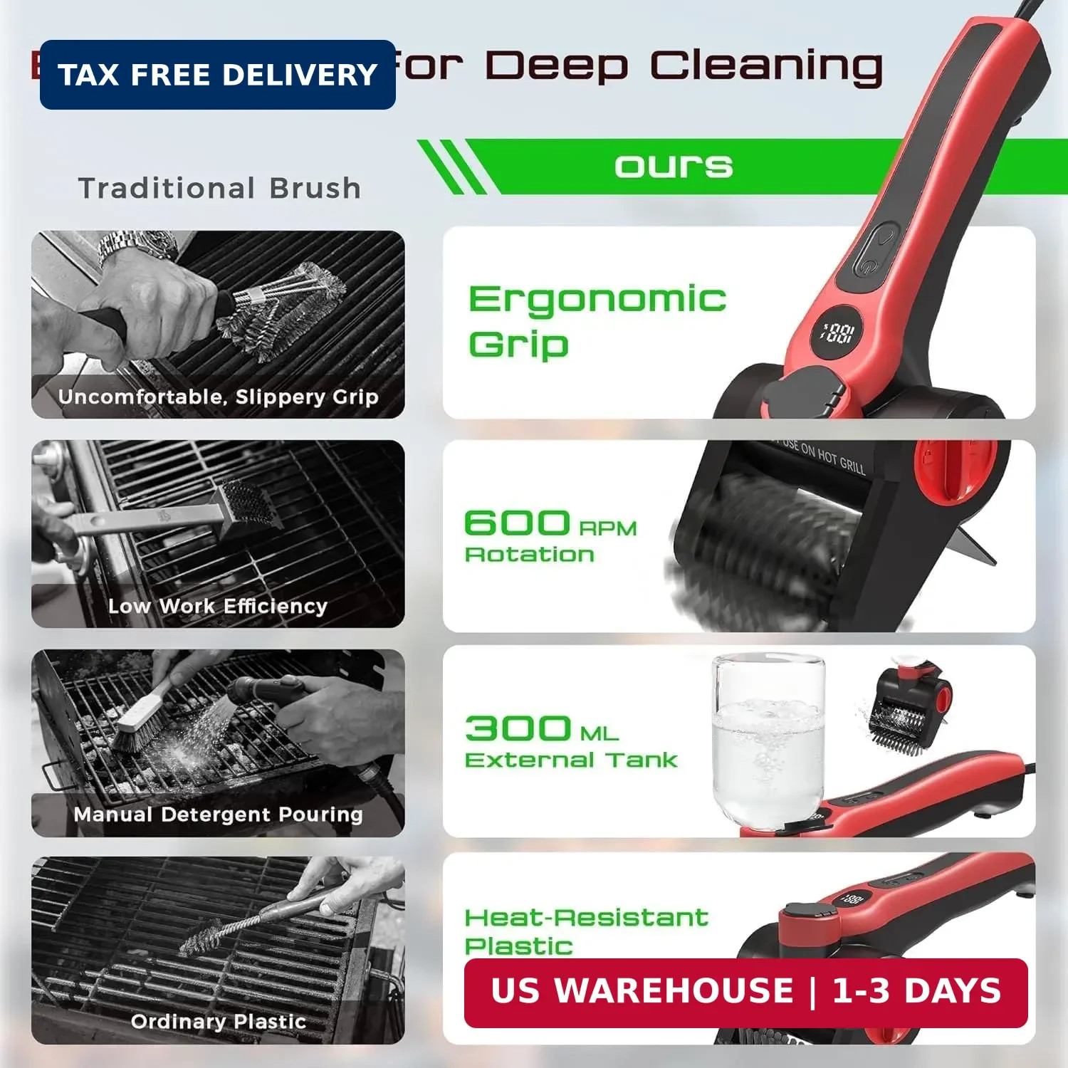 Electric Grill Brush, 100W High Power Cordless BBQ Cleaner with 300ml Water Spra