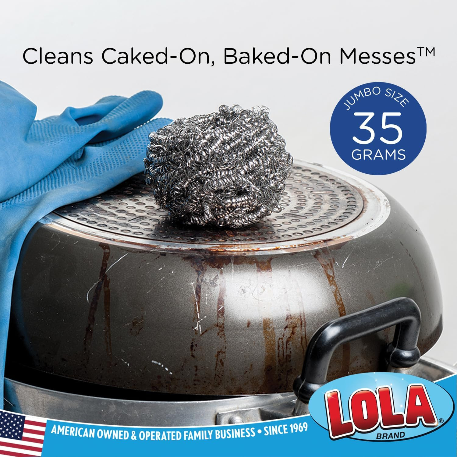 Stainless Steel Wool Scourer -Jumbo Sized- 35 Grams, by LOLA, Curled Flat Wire,