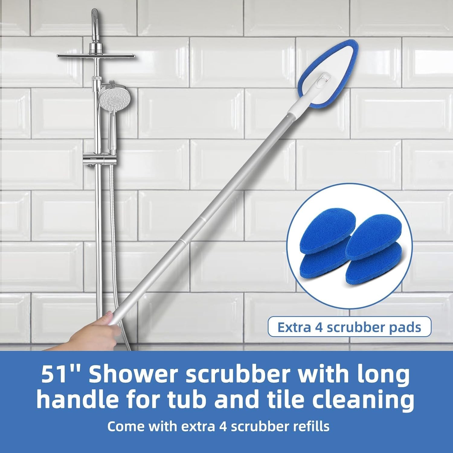 Non-Scratch Bathroom Scrubbing Brush with 5 Refillable Pads – 51-Inch Long