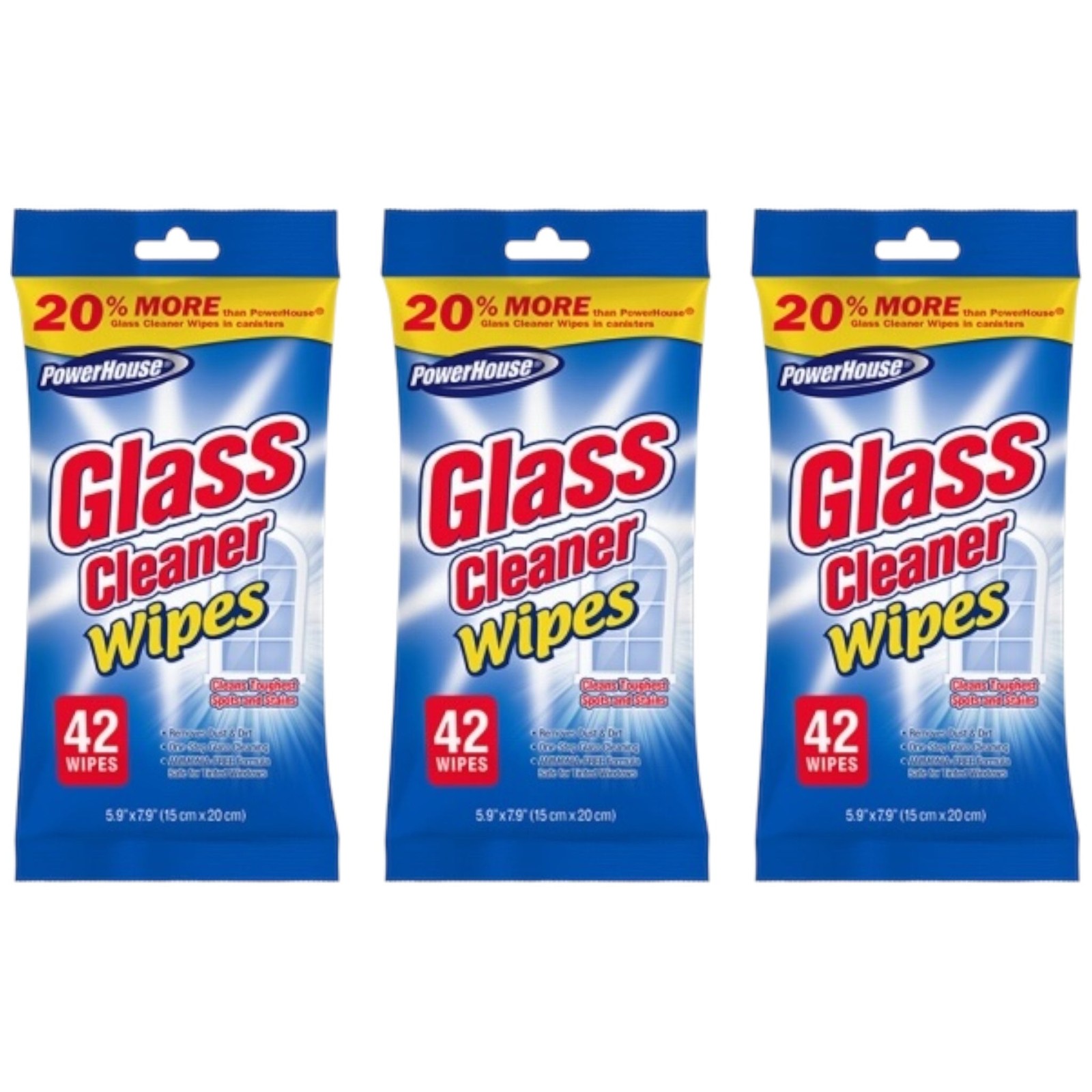 PowerHouse Glass Cleaner Wipes, 42 Wipes (Pack of 3)