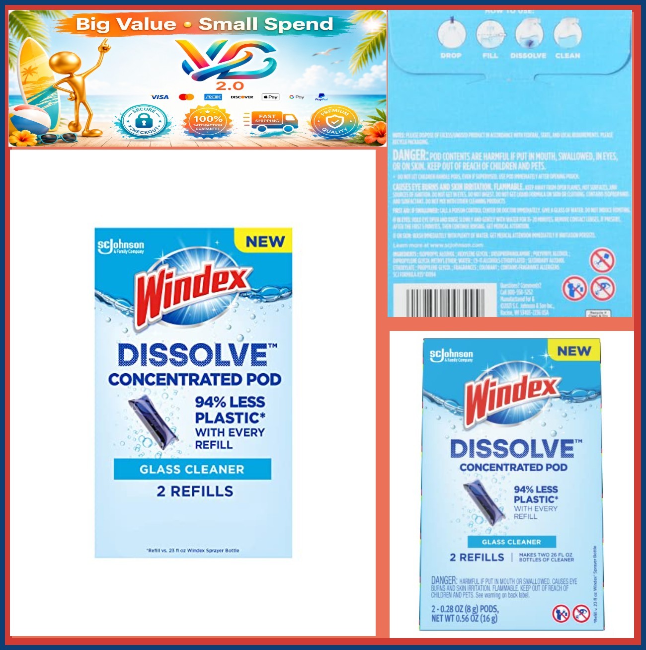 Dissolve Concentrated Glass Cleaner Pods Refill 2 Pack Streak-Free Fresh