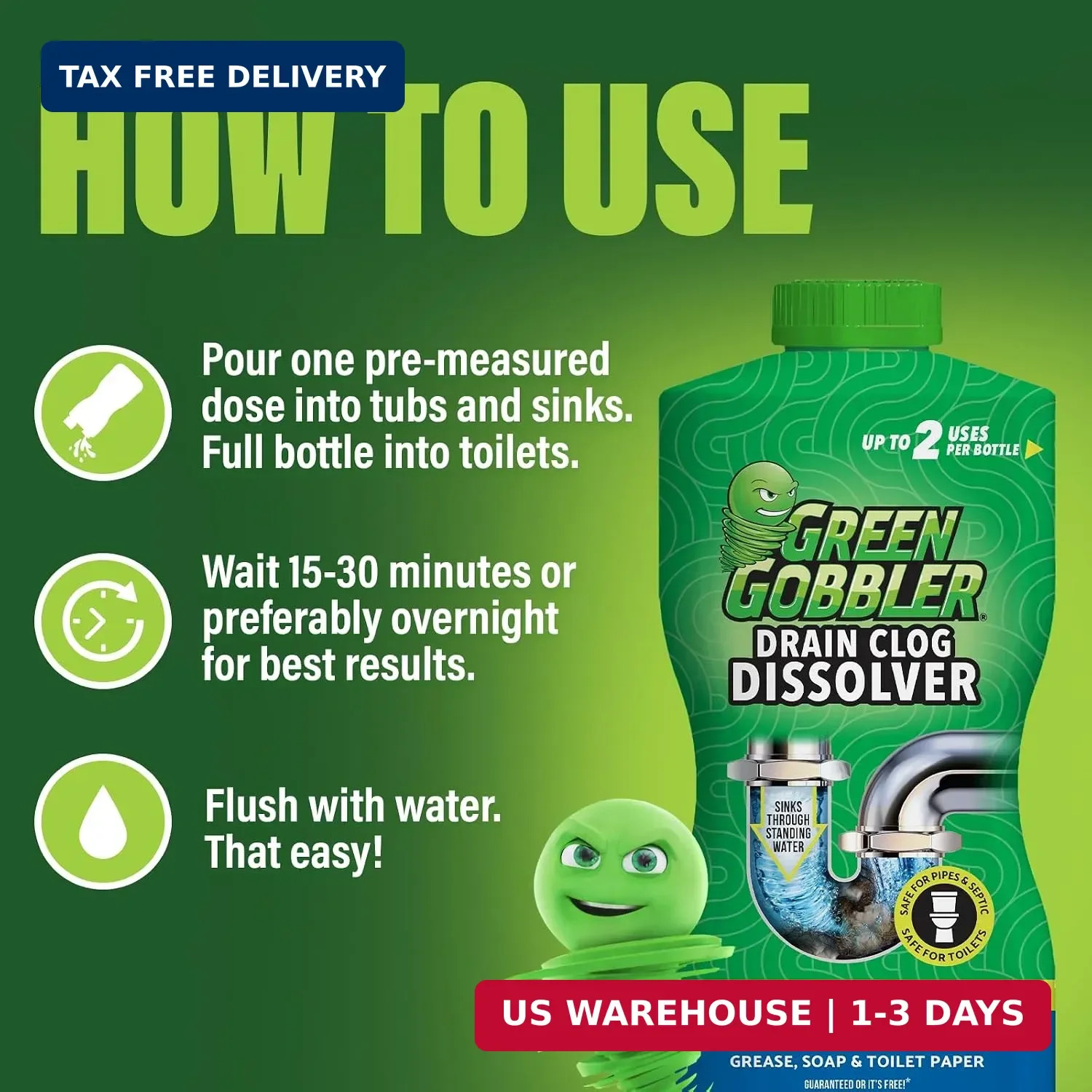 Green Gobbler Liquid Hair Drain Clog Remover & Cleaner, For Toilets, Sinks, Tubs