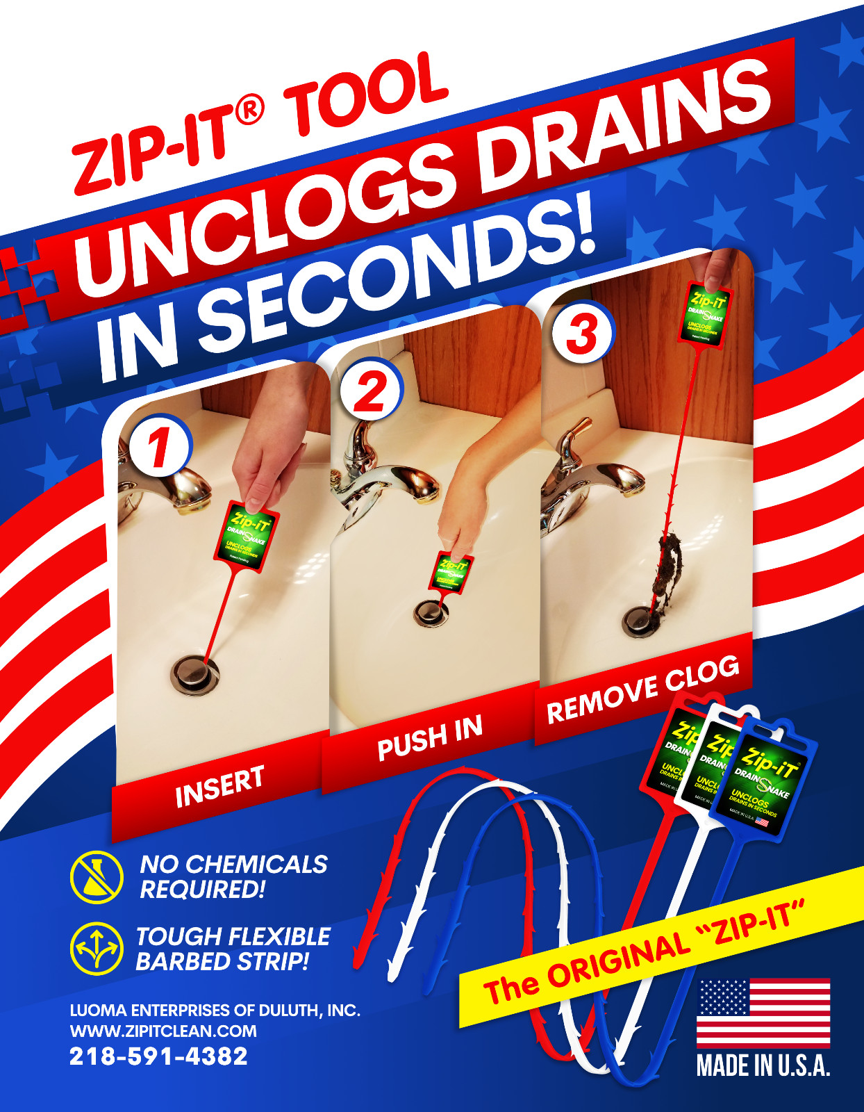 ZIP IT DRAIN CLEANER, 3-Pack Plastic Drain Stick Hair Clog Remover, drain snake