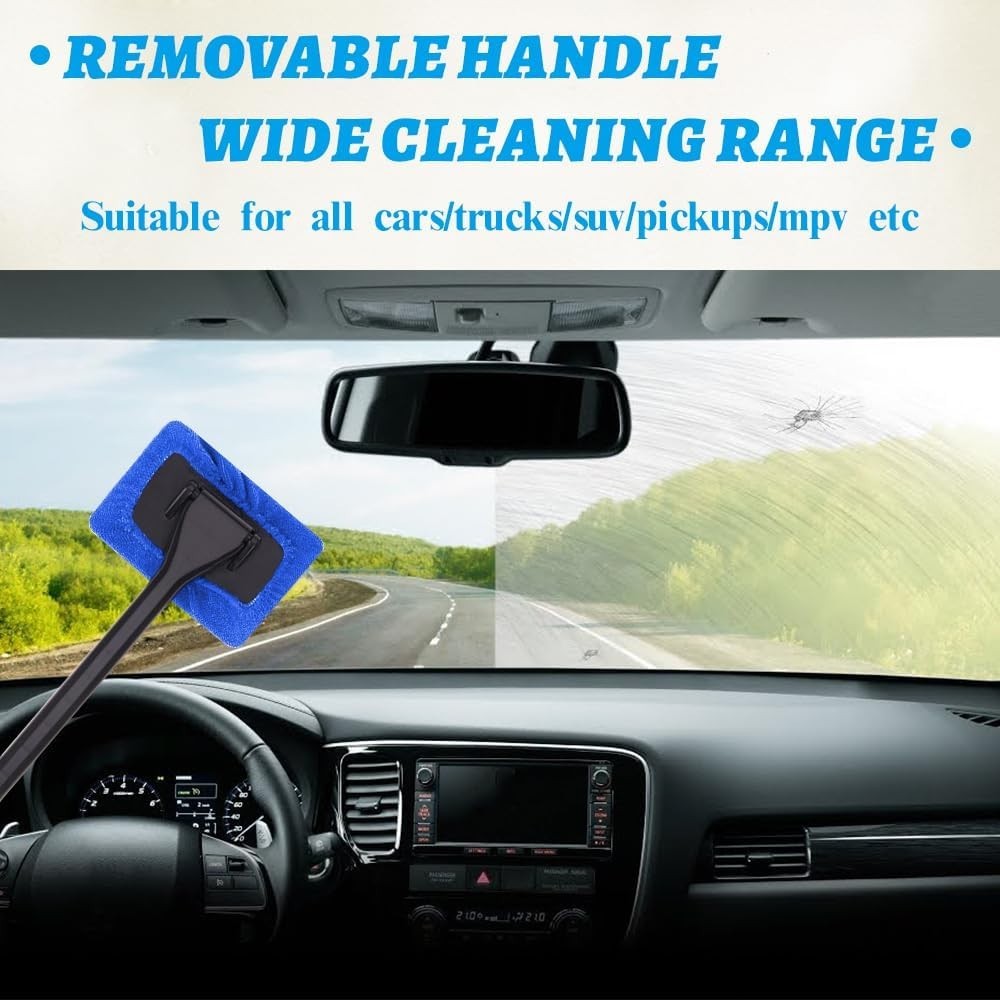 Car Windshield Cleaning Tool – 2 Reusable Microfiber Pads & 1 Flexible Handle