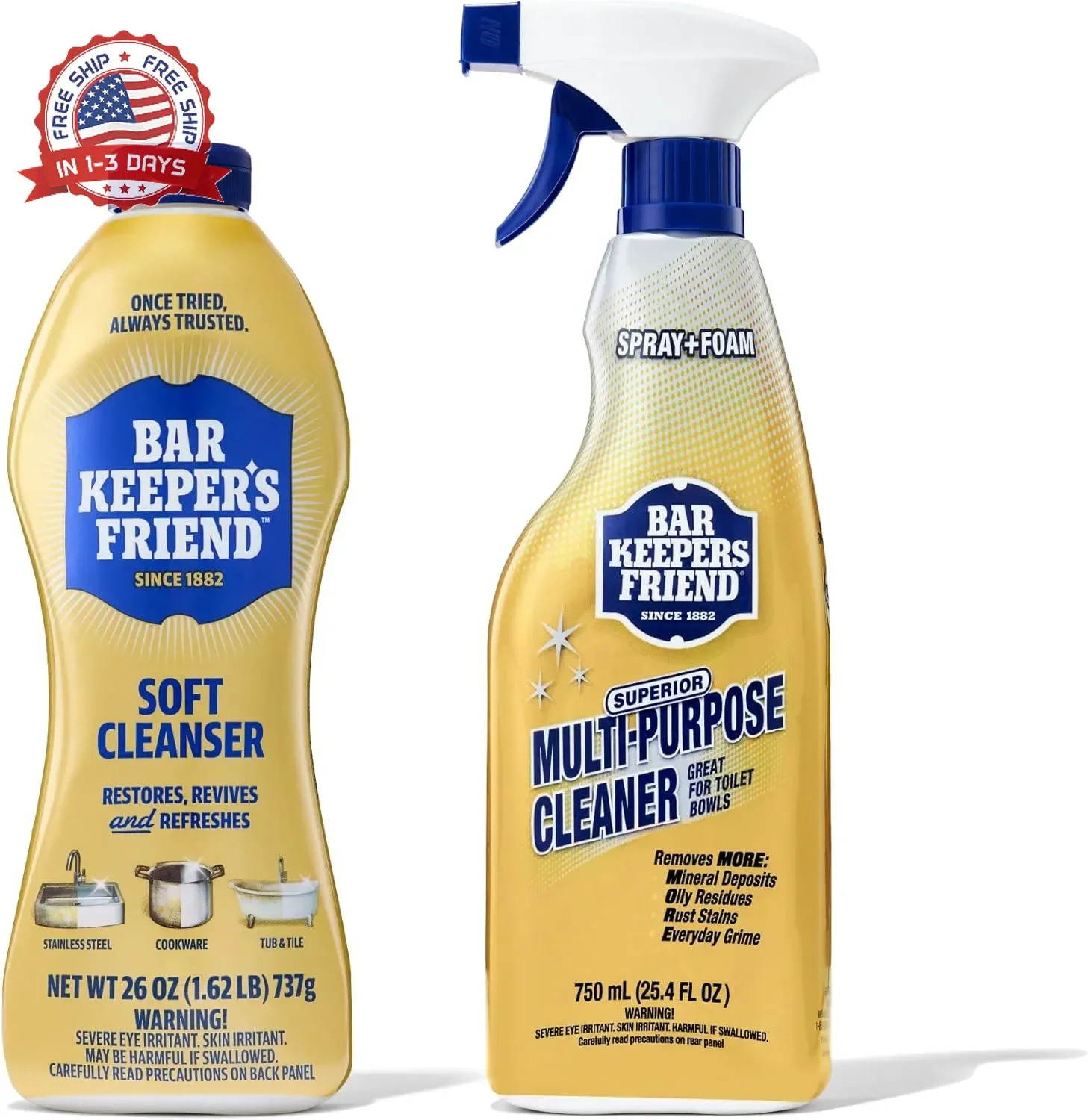 Bar Keepers Friend Soft Cleanser 26 oz + Spray & Foam Multipurpose MORE Spray Cl