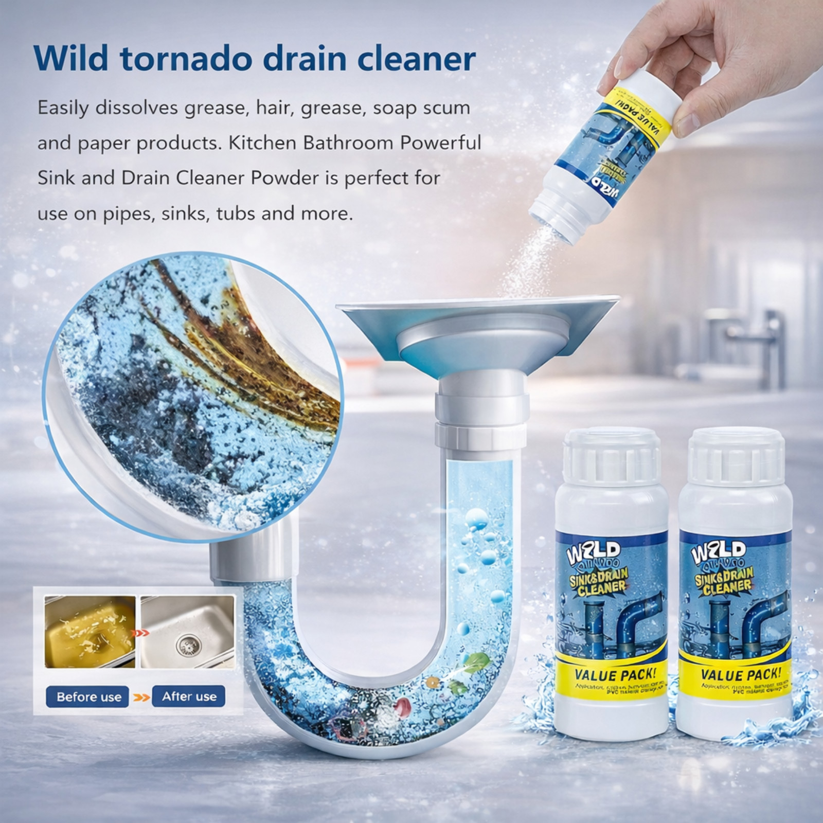 Pack of 4 Wild Tornado Powerful Sink Drain Cleaner – Fast Clog Remover for Kitch