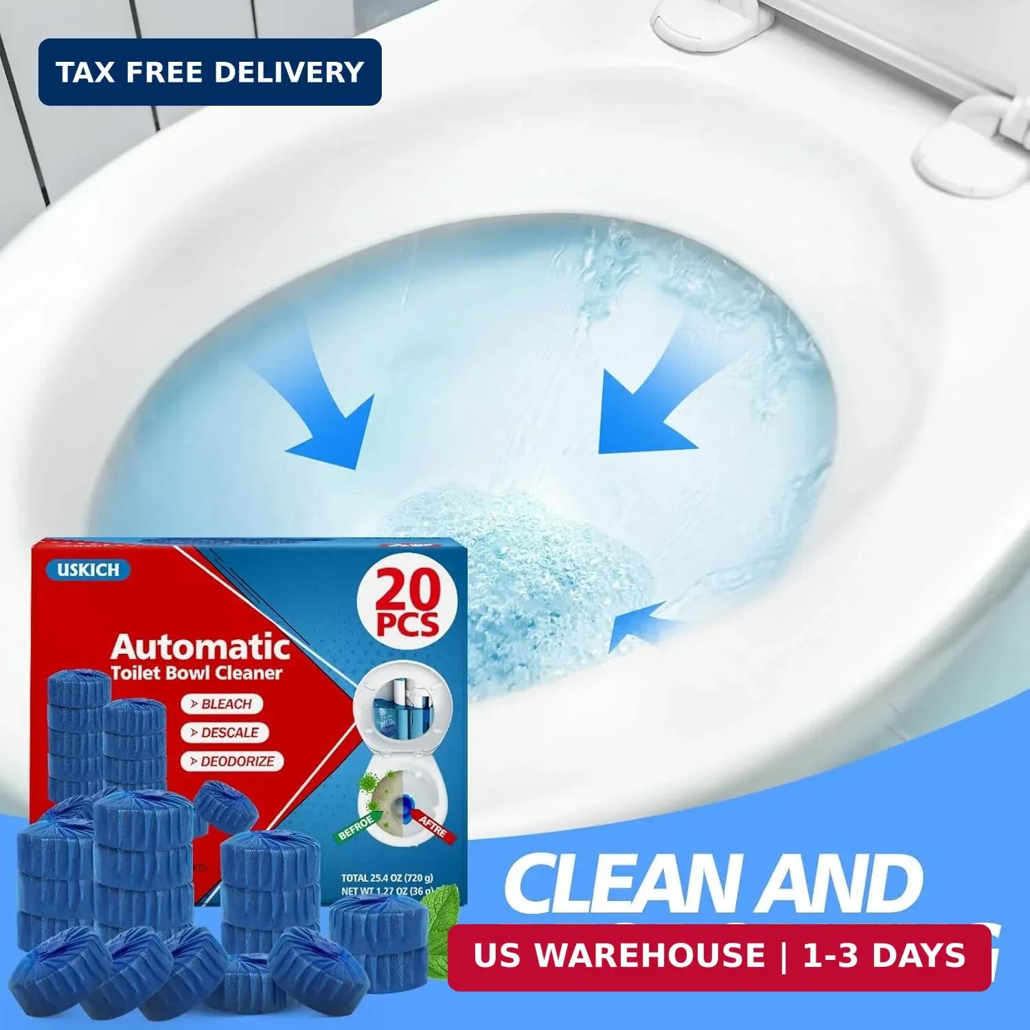 USKICH 20 Pack Toilet Bowl Cleaner Tablets,Blue Automatic Toilet Tank Cleaners,