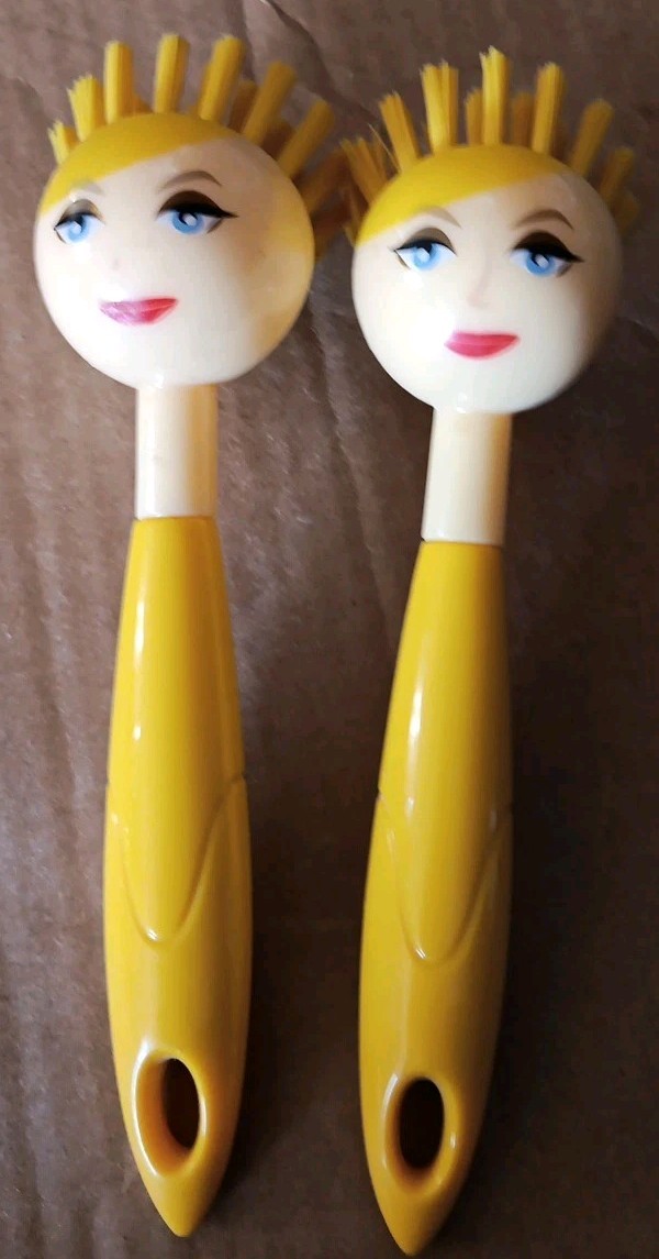 Two 2 Yellow Haired Girl Head Scrub Brushes New Unused