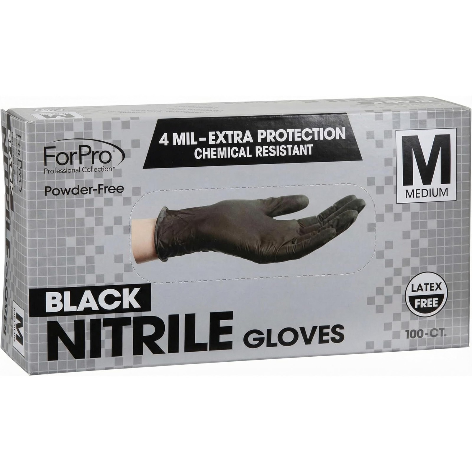 ForPro Disposable Nitrile Gloves, Chemical Medium (Pack of 100), Black