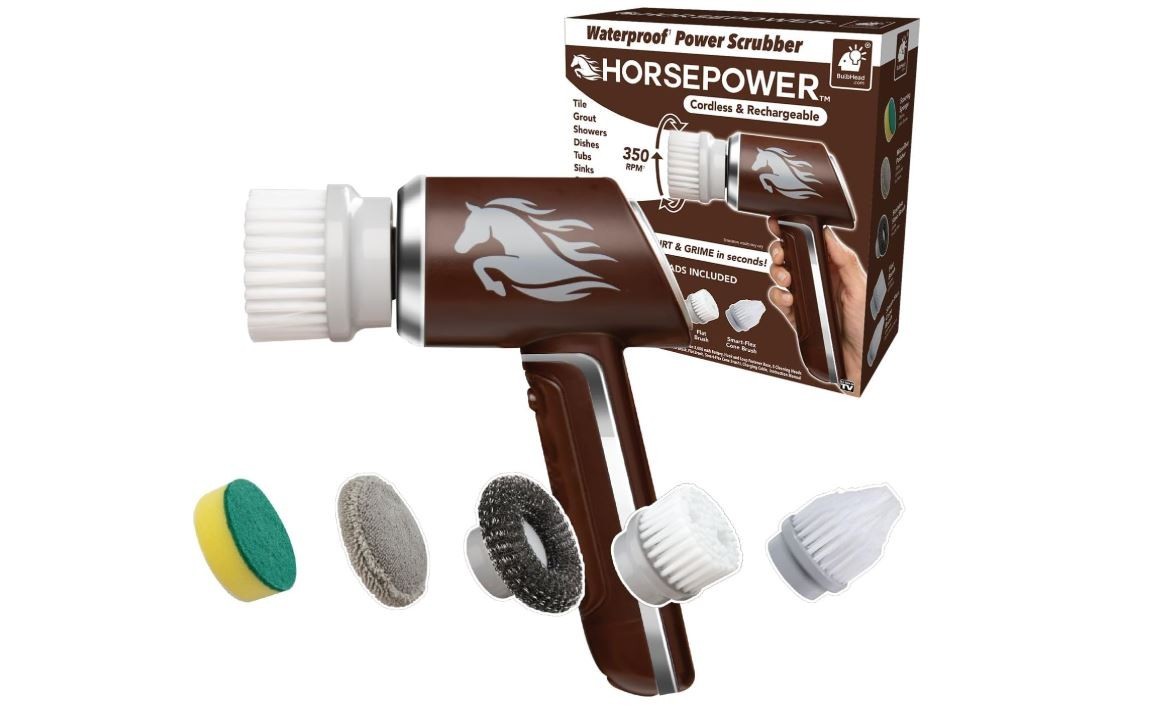 Horsepower Scrubber, Waterproof, Electric Power, Spins 350 RPM, 5 Brush Heads.
