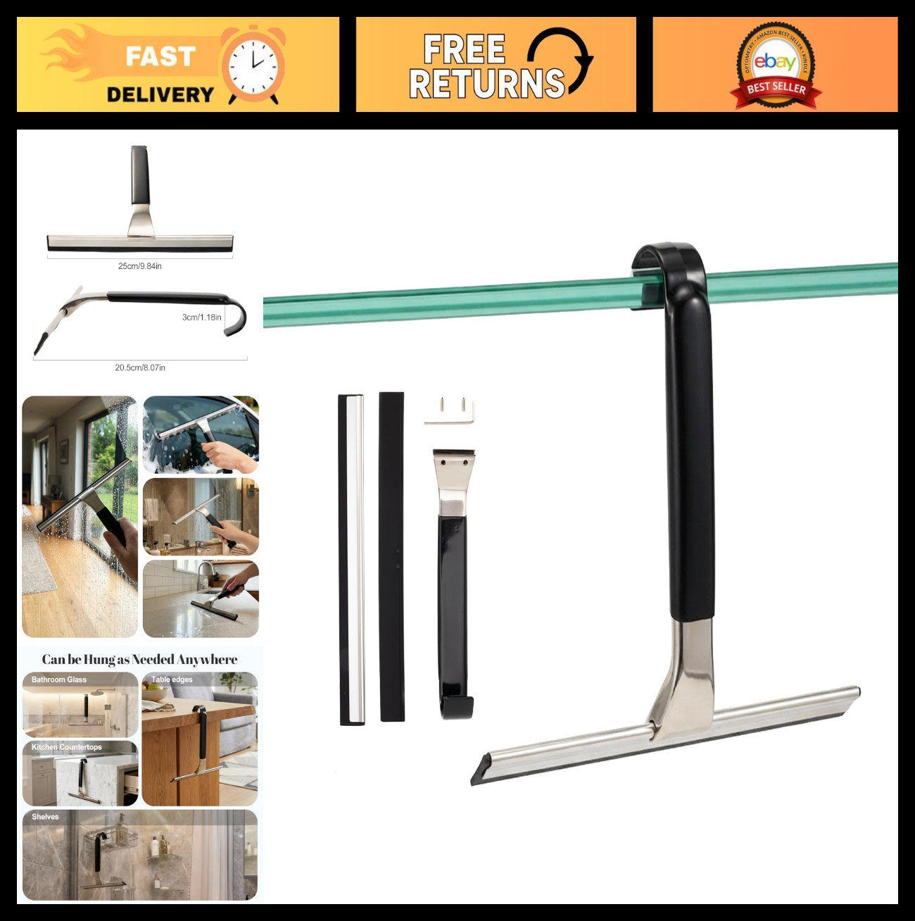 10″ Stainless Steel Shower Squeegee – All-Purpose Tool for Glass, Tile, Bathroom