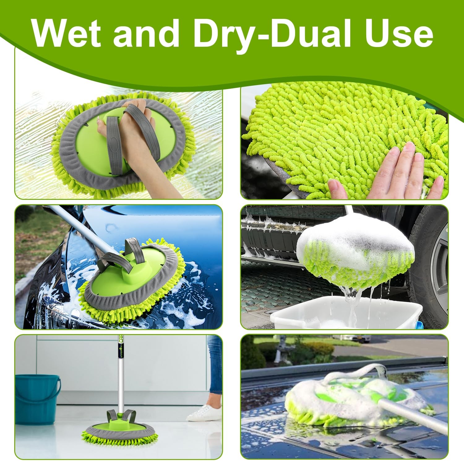 62″ Microfiber Car Wash Brush Mop Kit Mitt Sponge with Long Handle Car Cleani…