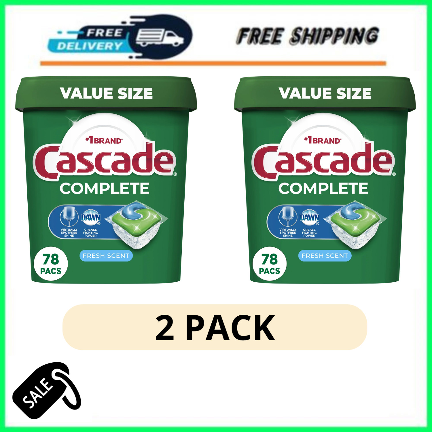 2 Pack Cascade Complete 78 Ct ActionPacs Fresh Scent Dishwasher Spot Free