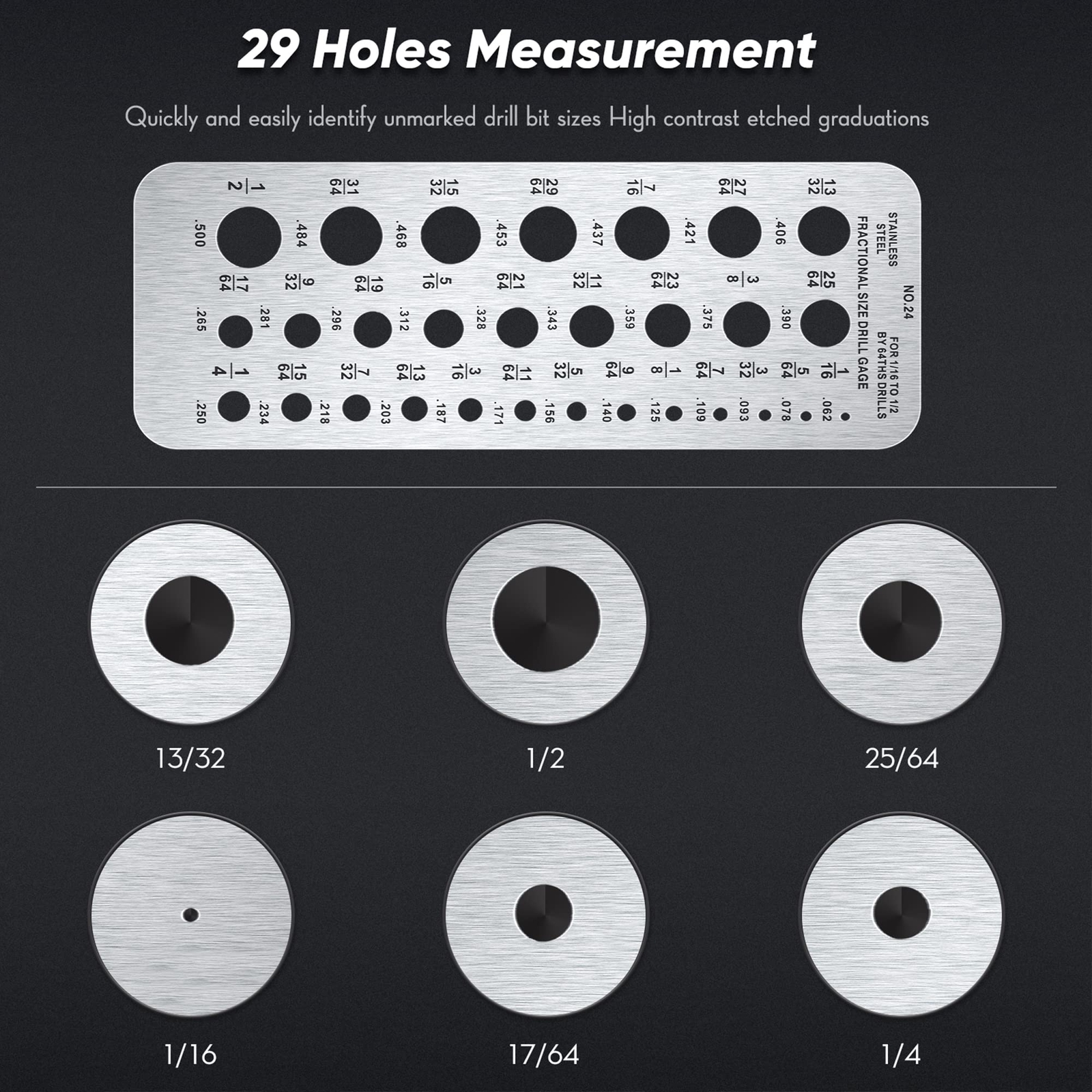 Stainless Steel Drill Gauges for 1/16 Inch to 1/2 Inch Size Bits, 17/64-1/2 0.06