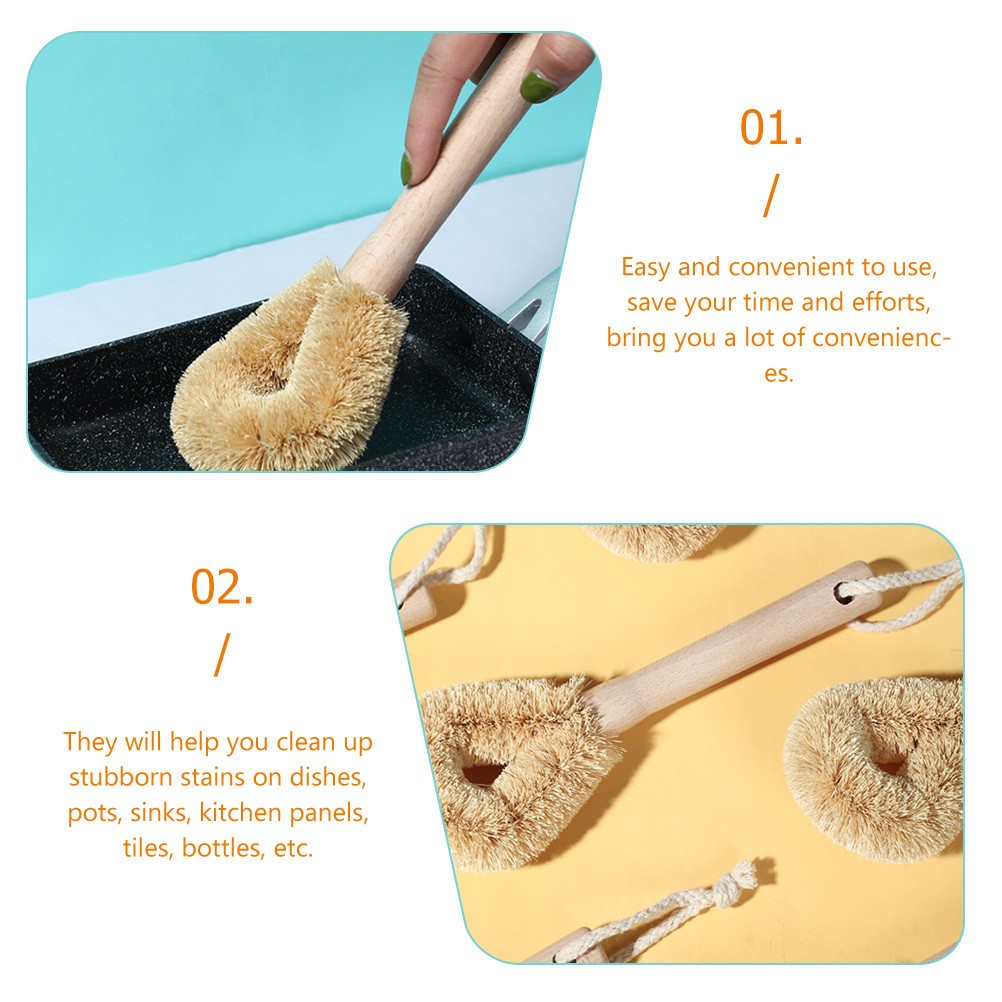 2pcs Kitchen Pot Brush Natural Bristle Wooden Handle Utensil Cleaning Brush