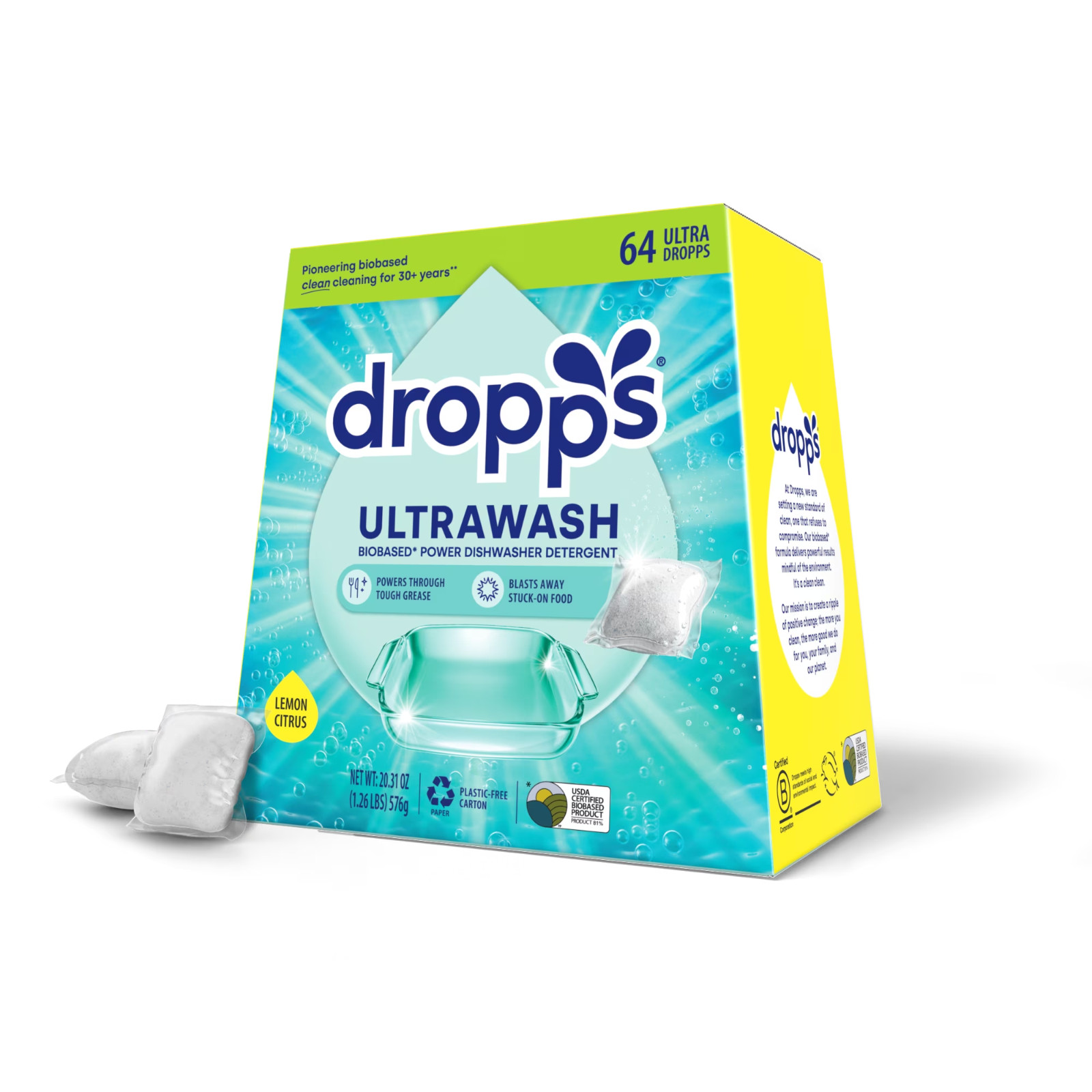 UltraWash Biobased Power Dishwasher Detergent Pods, Lemon Citrus, 64ct