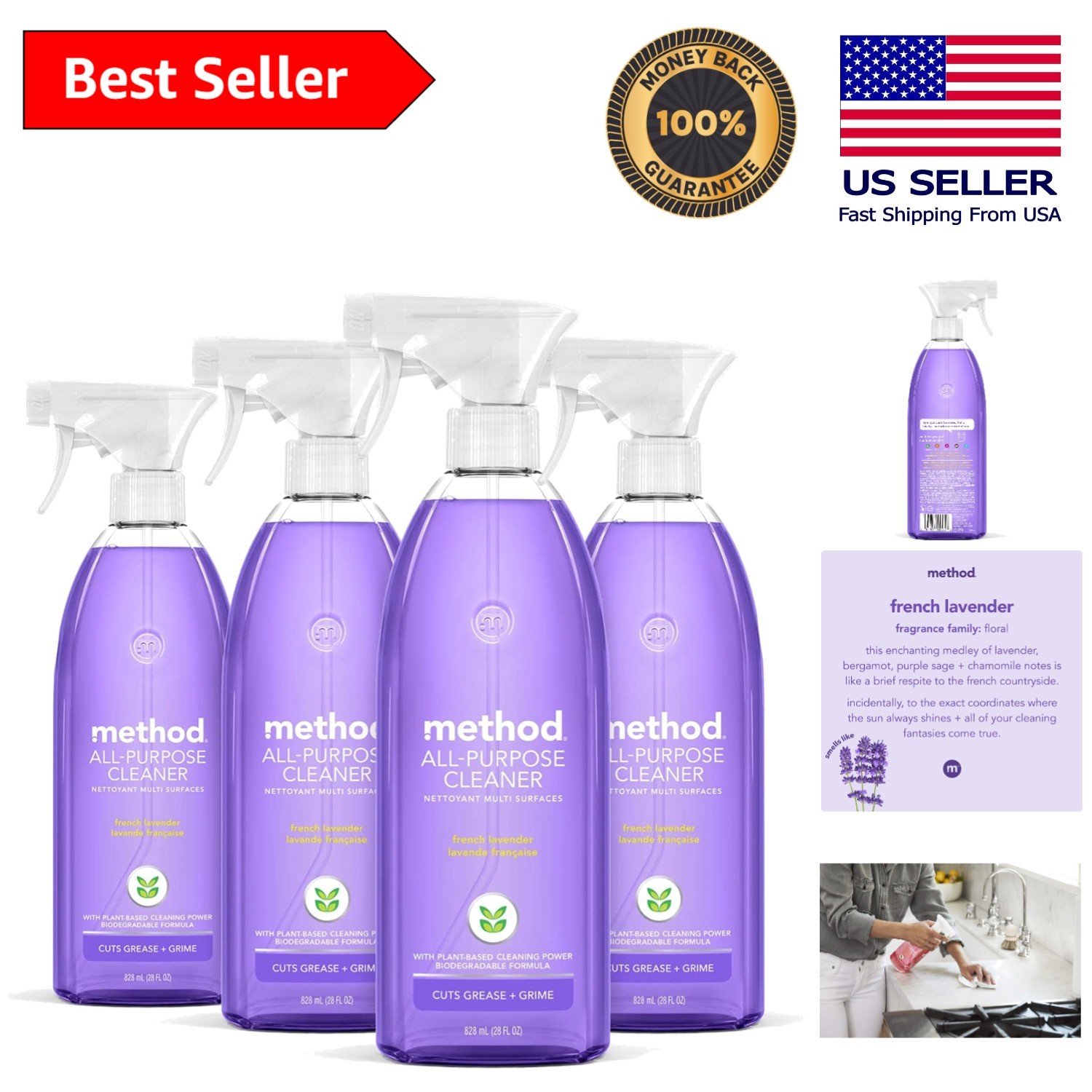 French Lavender All-Purpose Cleaner Spray – Biodegradable, Pack of 4, 28 Fl Oz