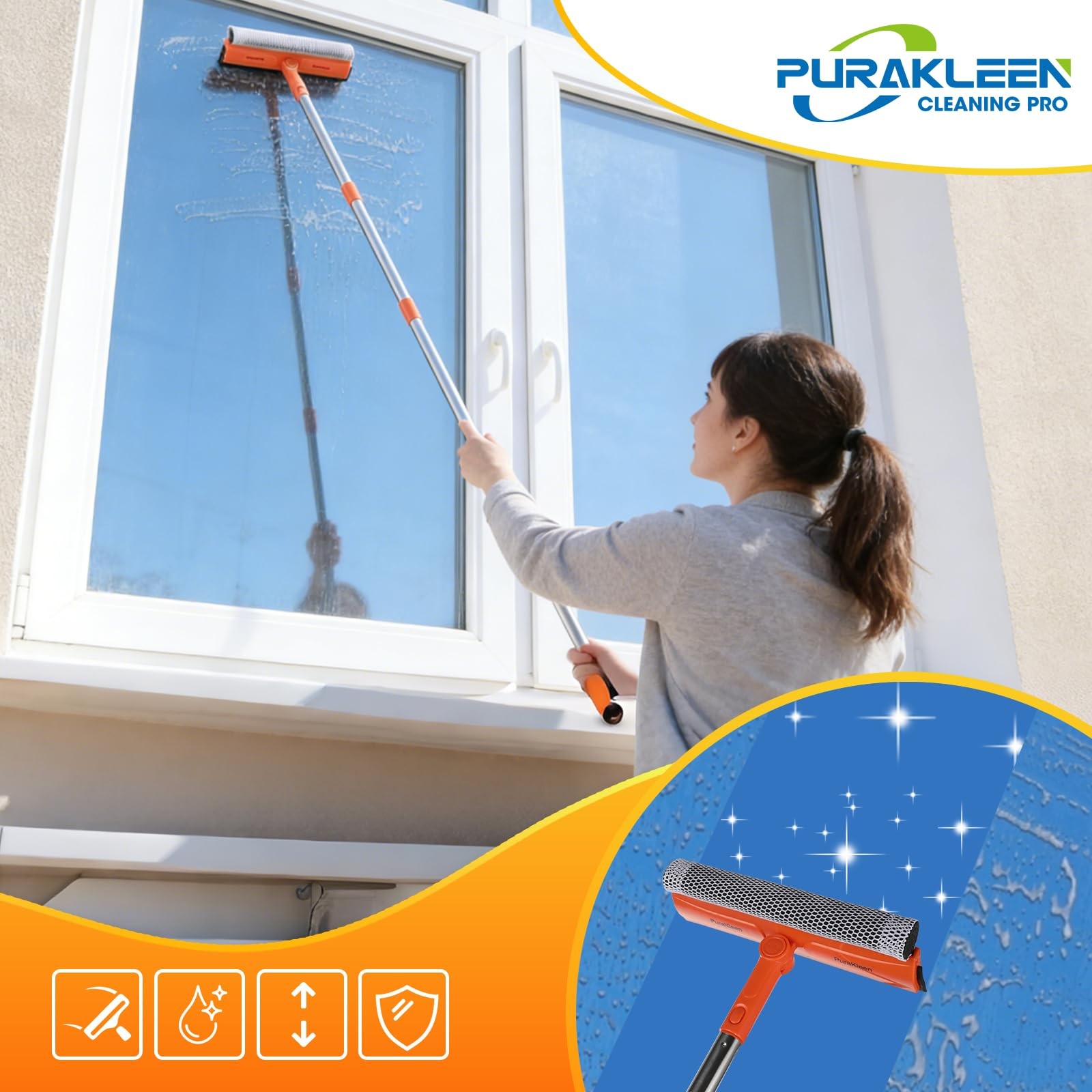 Window Squeegee with 62″ Adjustable Stainless Steel Pole —2-in-1 Sponge Scrub…