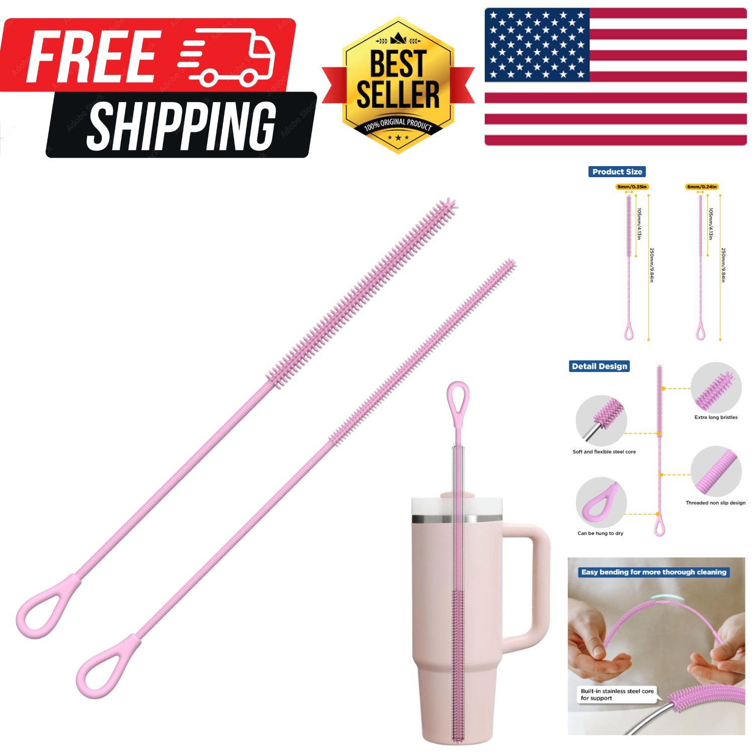 Silicone Straw Cleaner Brush, 2Pcs Reusable Straw Brush Extra Long for Cleani…