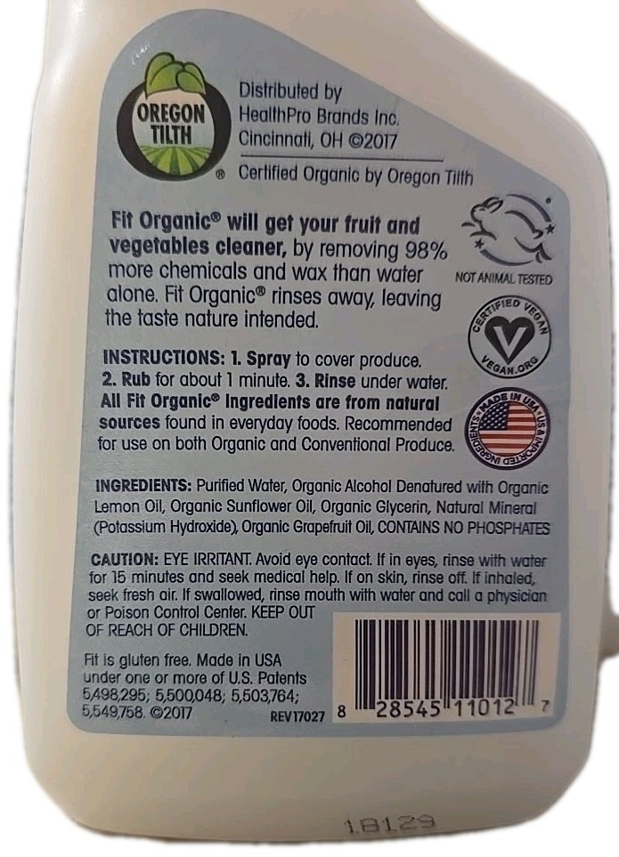 FIT Organic Fruit and Vegetable Wash Spray Bottle White, Clear, 12 Fl Oz 3 Pack