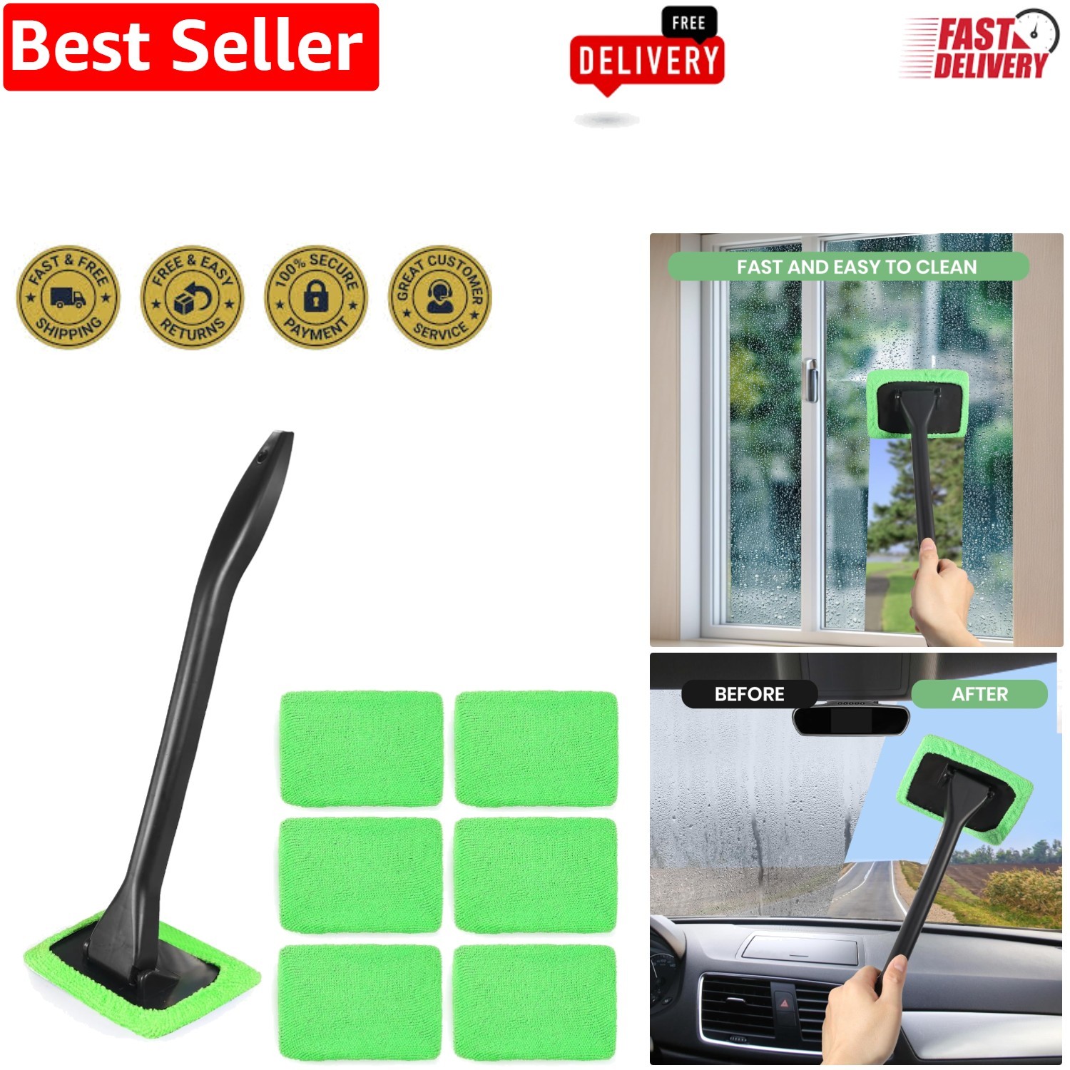 Complete Auto Glass Wiper Kit: 6PCS with Microfiber Pads & Spray Bottle – Green
