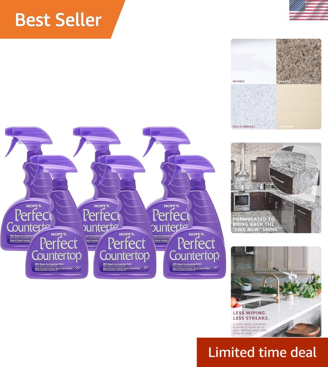 Hope’s Perfect Countertop Cleaner & Polish 22oz – Streak-Free Finish, Pack of 6