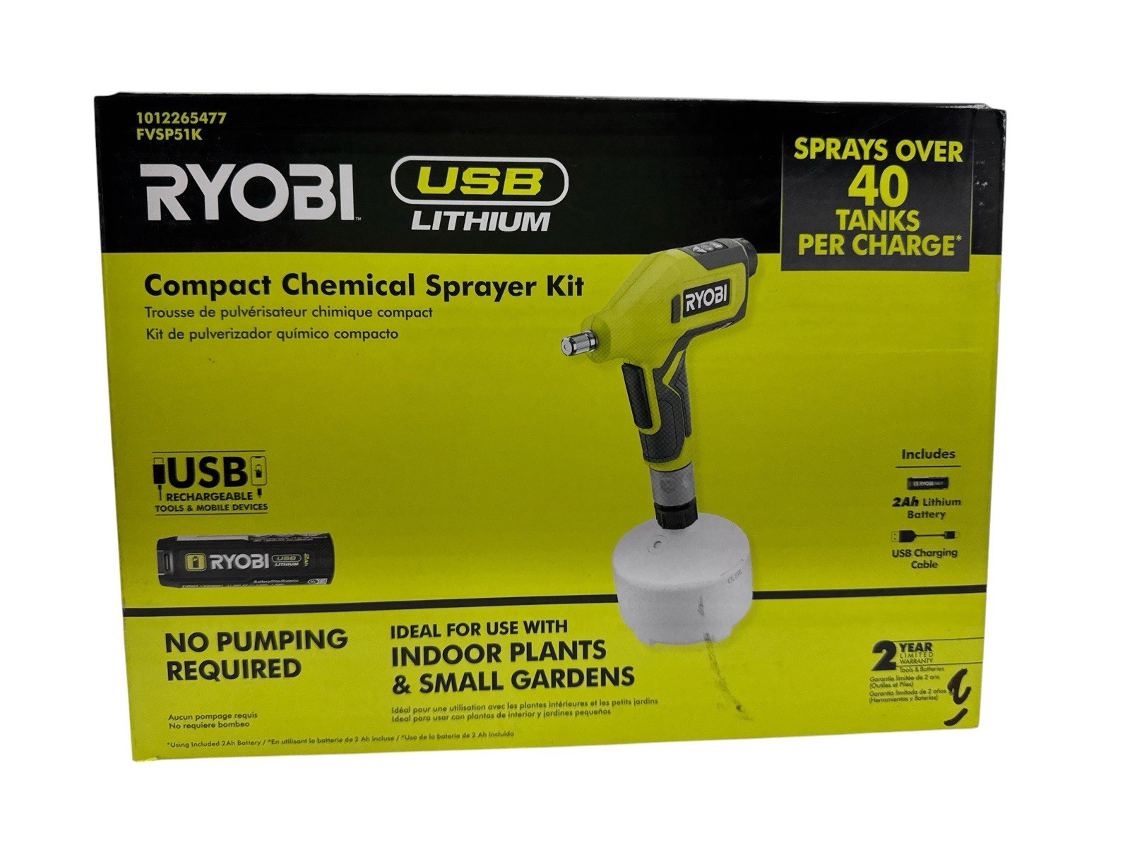 Ryobi USB Lithium Compact Sprayer w/2 Ah Battery + Charging Cable FVSP51K New