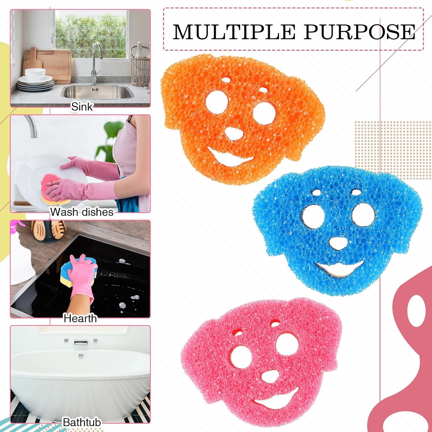 6 Pcs Dog Dual Sided Scrub Sponge Cleaning Sponges Cute Temperature Sensitive