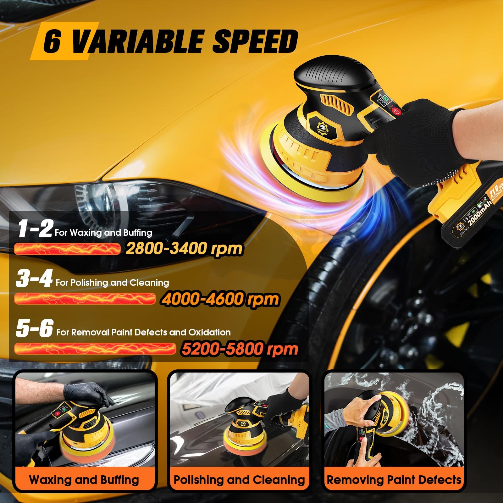Cordless Car Buffer Polisher 6-Speed Yellow 2x 2000mAh 21V Batteries 18