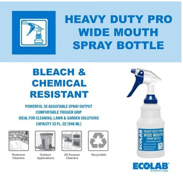 4 Pack ECOLAB 32oz Heavy-Duty Wide Mouth Chemical, Bleach Resistant Spray Bottle