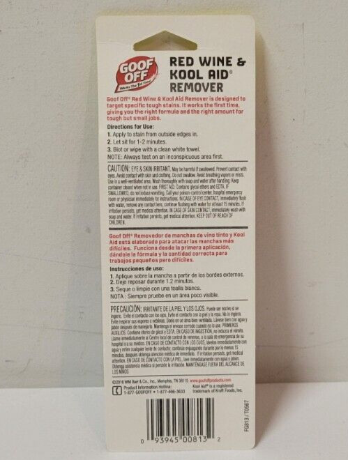 Goof Off Red Wine & Kool Aid Stain Remover .62 oz Coffee Cola Juice Sport Drinks