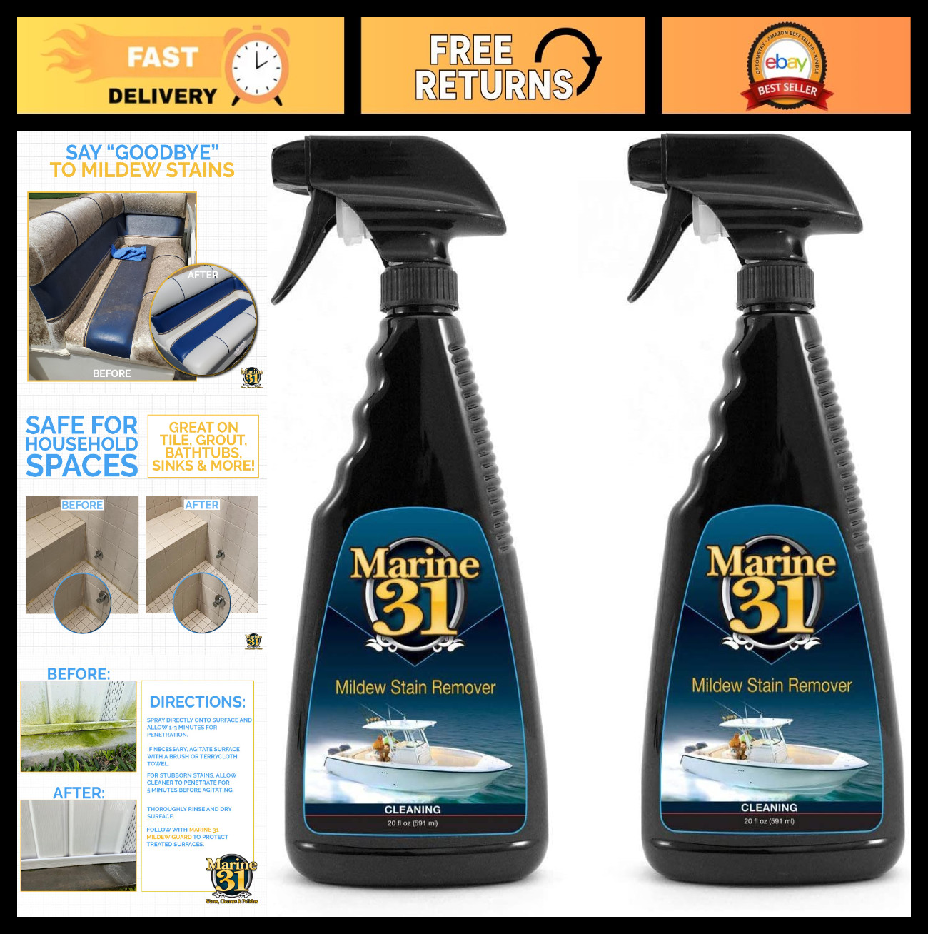 Mildew Stain Remover & Cleaner for Boats, Homes, Patios, Bathrooms – 20oz (2-Pac
