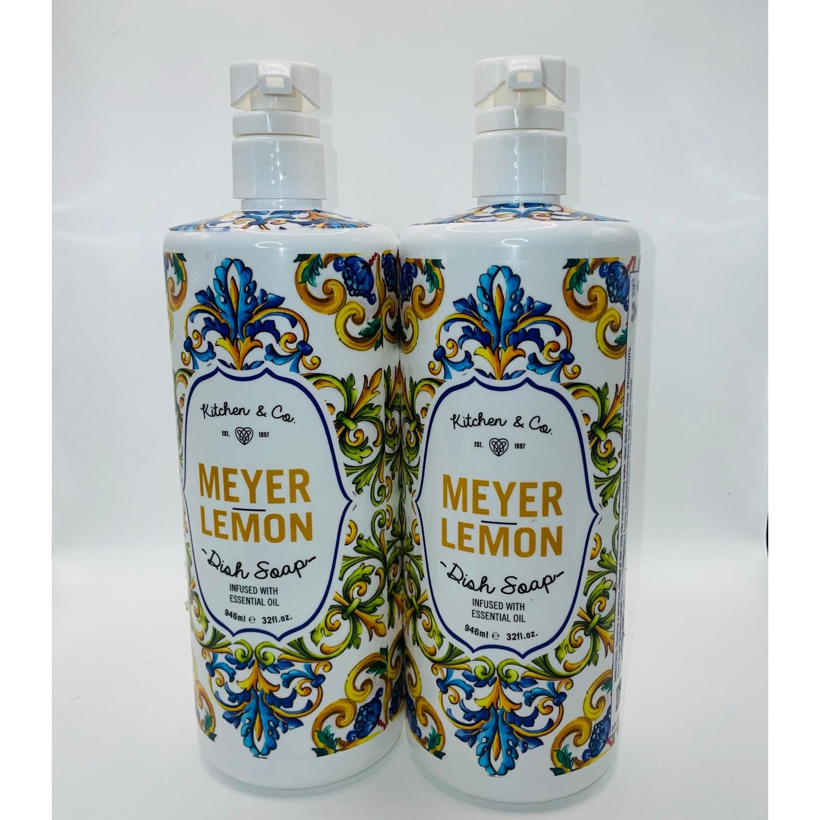 Kitchen & Co Meyer Lemon Dish Soap Essential Oils 32oz Pump Large Lot of 2 Decor